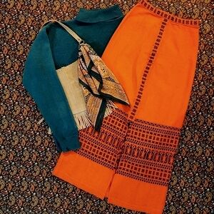 Vintage Woven Cotton Maxi Skirt Tangerine Embroidered Black Orange Guatemala